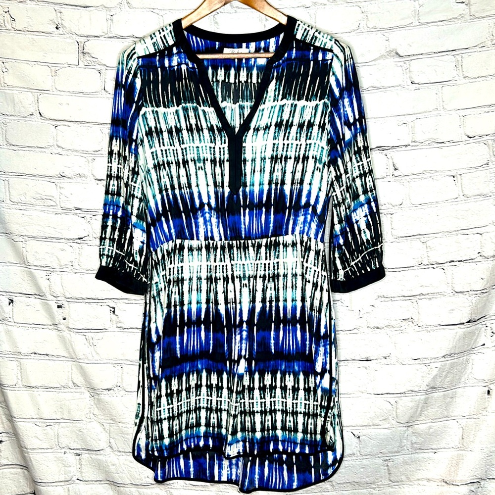 Parker Black Blue Silk Long Sleeve Dress Size Medium Excellent Condition